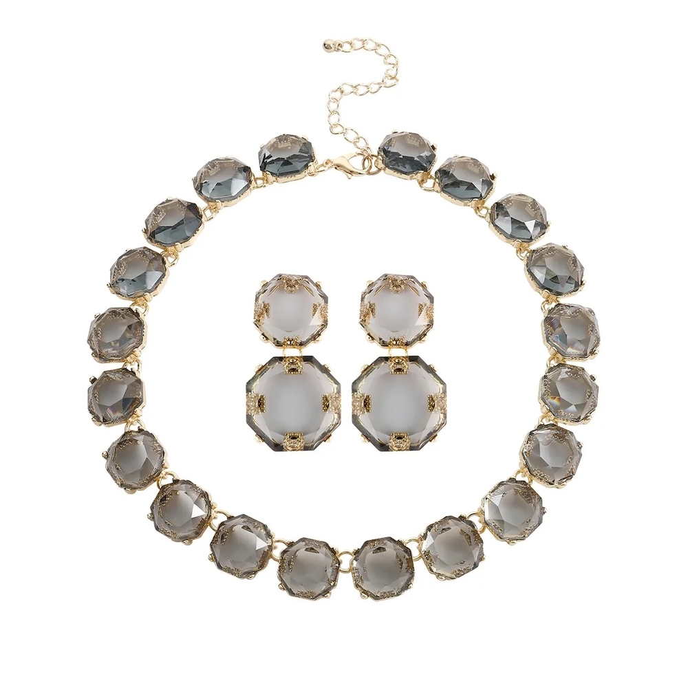 Elegant Gold and Smokey Gret Necklace and Earring Set